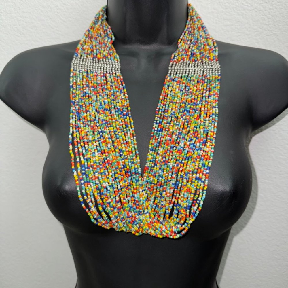 NWOT Ethnic Folk Art Tribal Bead Necklace or Belt SIlver Details Multicolor